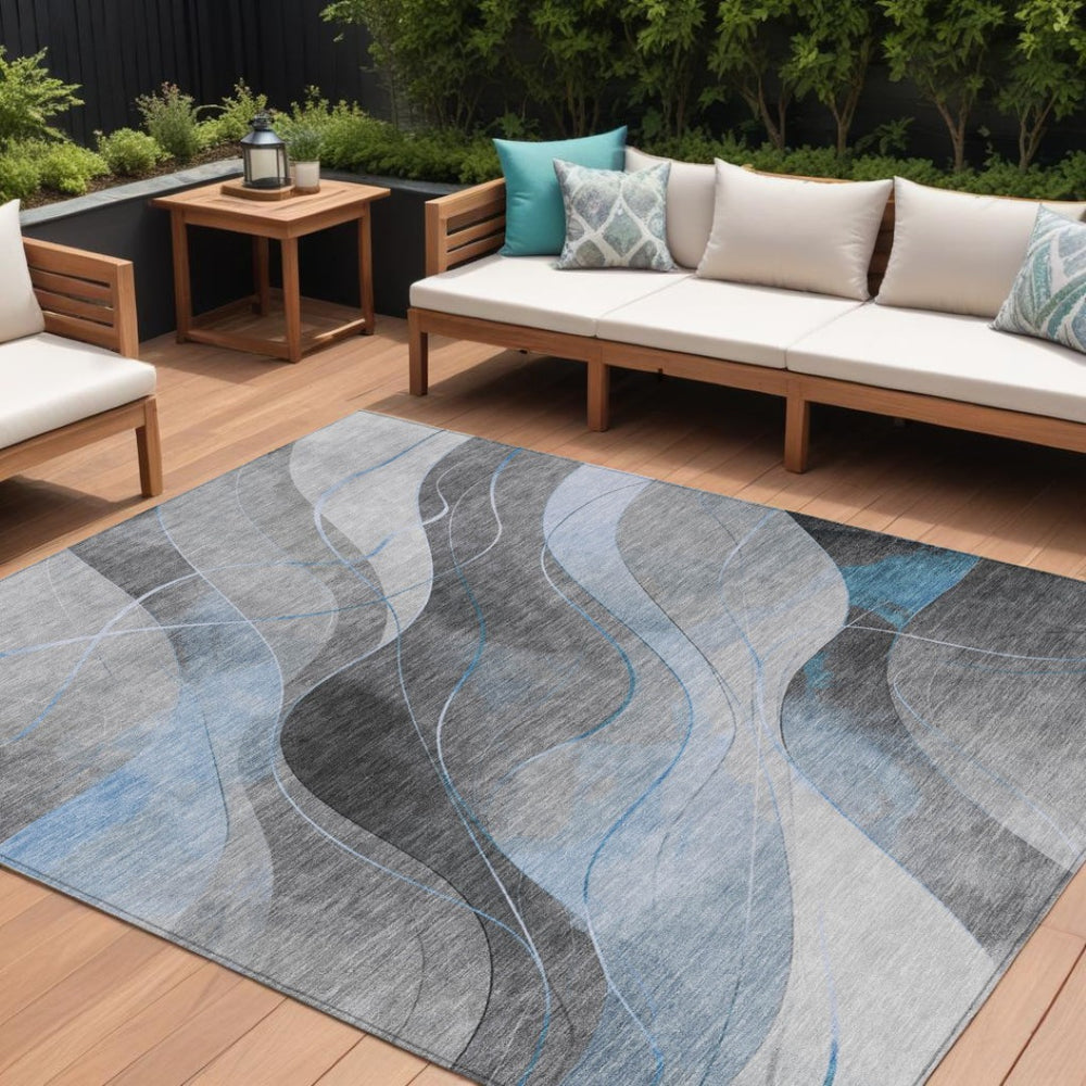 HomeRoots 9' X 12' Sky Blue Gray Silver Abstract Area Rug – Stylish, Washable, Indoor/Outdoor, Stain-Resistant 616770