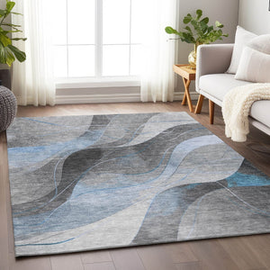 HomeRoots 9' X 12' Sky Blue Gray Silver Abstract Area Rug – Stylish, Washable, Indoor/Outdoor, Stain-Resistant 616770