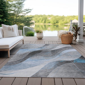 HomeRoots 5' Sky Blue and Gray Abstract Washable Area Rug for Indoor and Outdoor Stylish Living Spaces 10' X 14' 616771