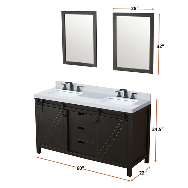 English Elm Brown Double Bath Vanity Set With White Quartz Countertop, Matte Black Faucet & 24" Mirrors Included B2731S01071