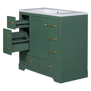 English Elm 36" Modern Bathroom Vanity with Ceramic Sink, Six Drawers, Adjustable Shelf, Solid Wood Build Green SY999808AAF-6