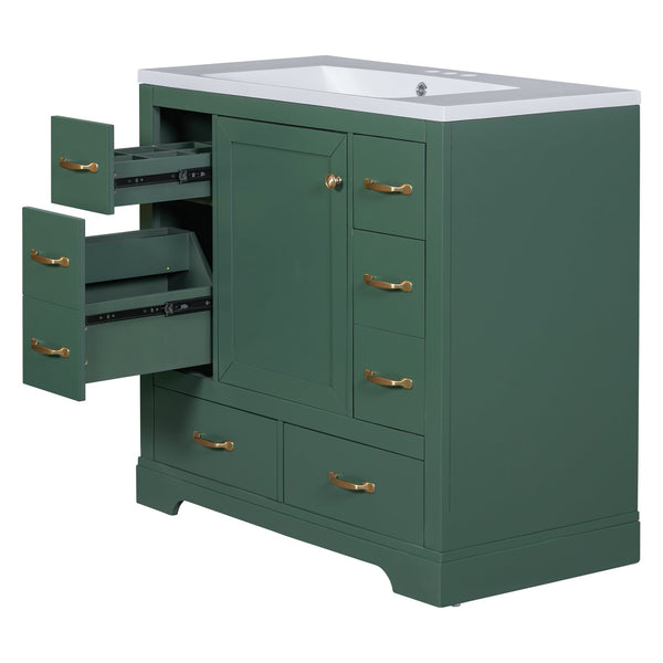 English Elm 36" Modern Bathroom Vanity with Ceramic Sink, Six Drawers, Adjustable Shelf, Solid Wood Build Green SY999808AAF-6