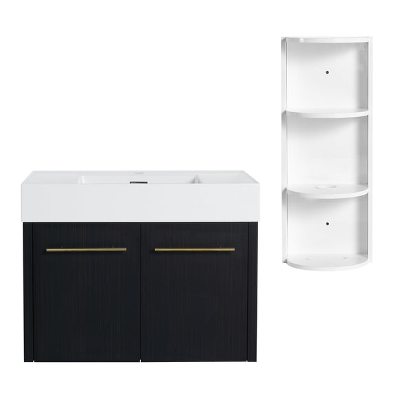 English Elm 30 Inch Wall-Mounted Vanity Set With Thick Resin Sink & 3-Tier Storage Rack For Stylish Bathrooms W999S00367