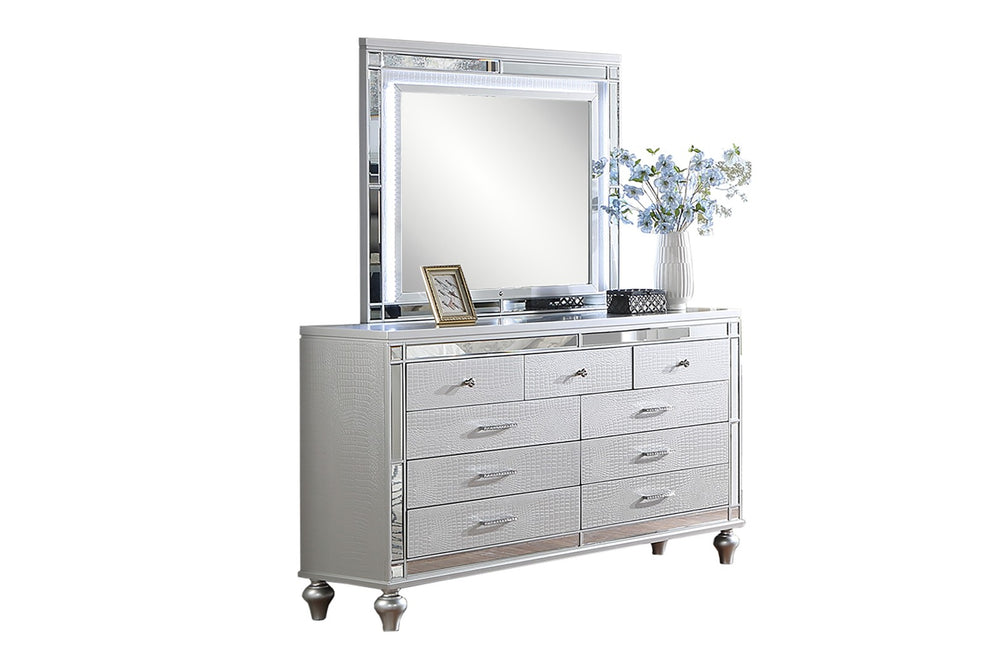 English Elm Glam Silver Dresser with Snakeskin Embossed Drawers Mirrored Panels Gourd Legs B011P448866