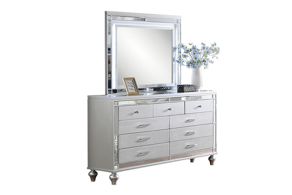 English Elm Glam Silver Dresser with Snakeskin Embossed Drawers Mirrored Panels Gourd Legs B011P448866