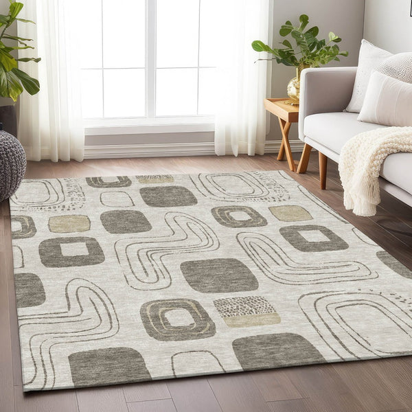 HomeRoots 5' Modern Geometric Area Rug in Beige and Tan – Washable Indoor/Outdoor Durable Style for Any Space 9' X 12' 616800