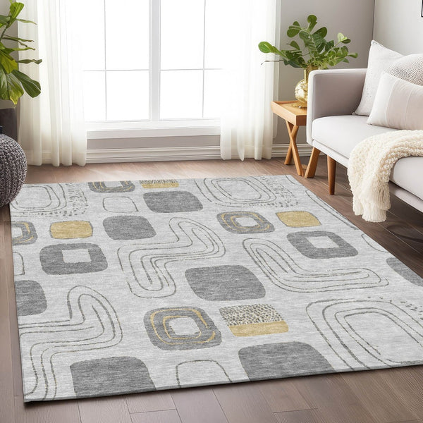 HomeRoots 5' Modern Geometric Area Rug in Gray-Silver and Gold - Washable, Durable, Indoor/Outdoor Style 5' X 8' 616809