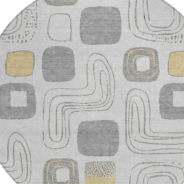 HomeRoots 5' Modern Geometric Area Rug in Gray-Silver and Gold - Washable, Durable, Indoor/Outdoor Style 8' Round 616810