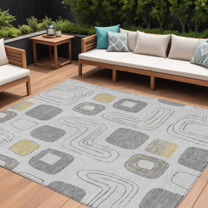 HomeRoots 5' Modern Geometric Area Rug in Gray-Silver and Gold - Washable, Durable, Indoor/Outdoor Style 8' X 10' 616811