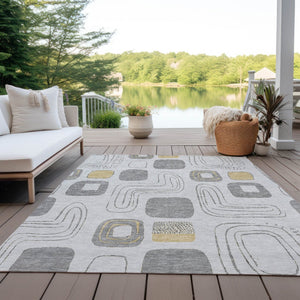 HomeRoots 5' Modern Geometric Area Rug in Gray-Silver and Gold - Washable, Durable, Indoor/Outdoor Style 9' X 12' 616812