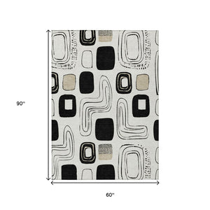 HomeRoots 5' Stylish Ivory, Black & Beige Geometric Washable Area Rug for Indoor & Outdoor Spaces, Durable & Versatile 616815