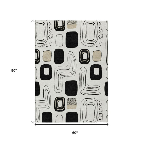 HomeRoots 5' Stylish Ivory, Black & Beige Geometric Washable Area Rug for Indoor & Outdoor Spaces, Durable & Versatile 616815