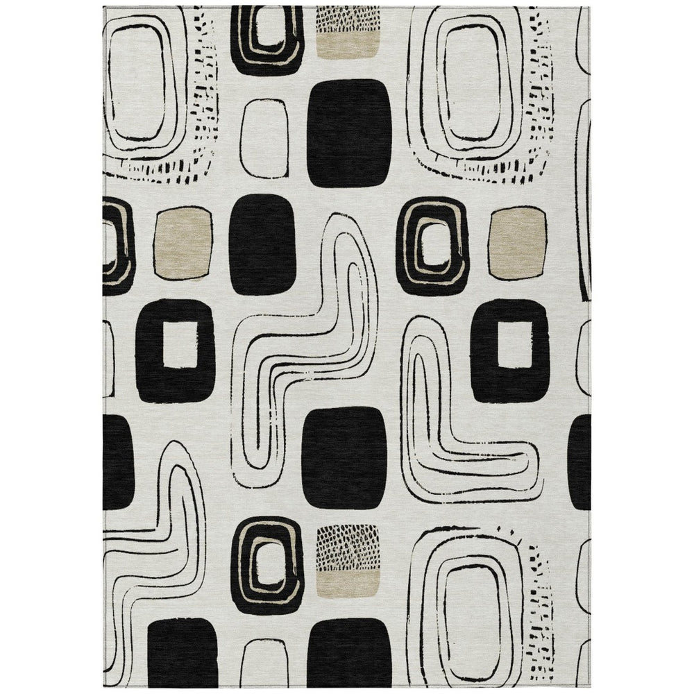 HomeRoots 5' Stylish Ivory, Black & Beige Geometric Washable Area Rug for Indoor & Outdoor Spaces, Durable & Versatile 616815