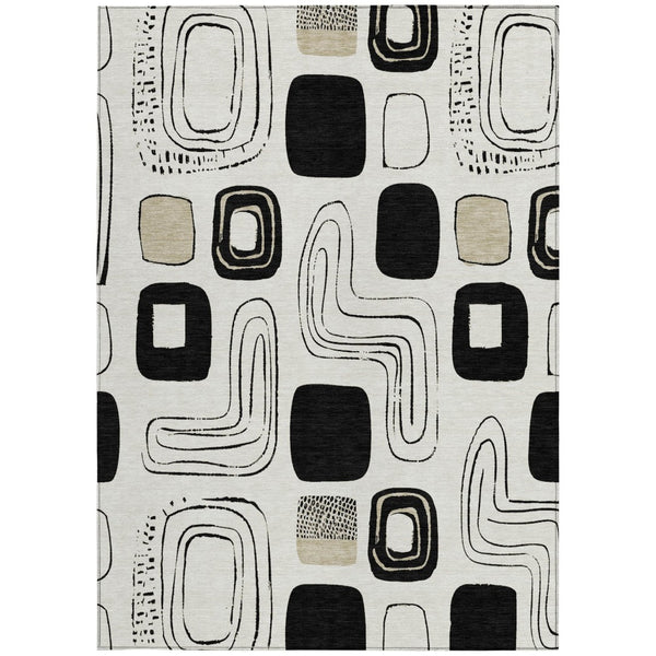 HomeRoots 5' Stylish Ivory, Black & Beige Geometric Washable Area Rug for Indoor & Outdoor Spaces, Durable & Versatile 616815