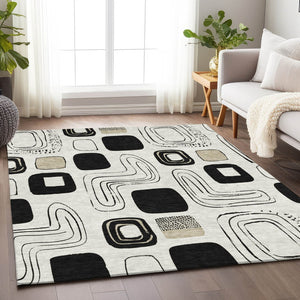 HomeRoots 5' Stylish Ivory, Black & Beige Geometric Washable Area Rug for Indoor & Outdoor Spaces, Durable & Versatile 616815