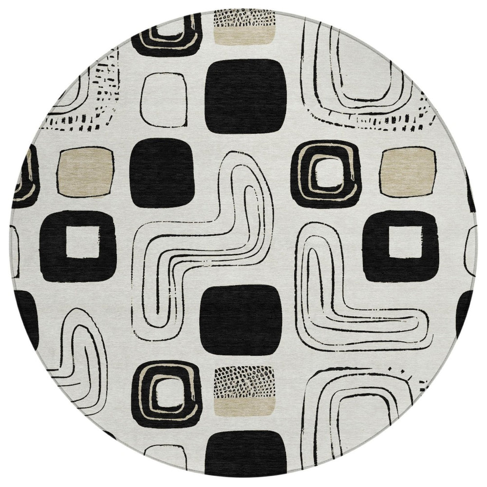 HomeRoots 8' Ivory Black and Beige Round Geometric Area Rug - Modern Washable Design for Indoor/Outdoor Use 616816