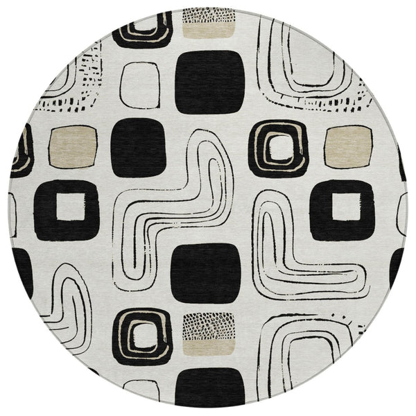 HomeRoots 8' Ivory Black and Beige Round Geometric Area Rug - Modern Washable Design for Indoor/Outdoor Use 616816
