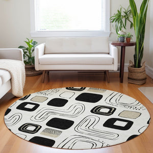 HomeRoots 8' Ivory Black and Beige Round Geometric Area Rug - Modern Washable Design for Indoor/Outdoor Use 616816