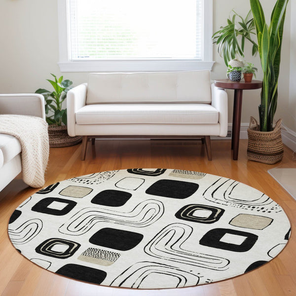 HomeRoots 8' Ivory Black and Beige Round Geometric Area Rug - Modern Washable Design for Indoor/Outdoor Use 616816