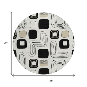 HomeRoots 8' Ivory Black and Beige Round Geometric Area Rug - Modern Washable Design for Indoor/Outdoor Use 616816