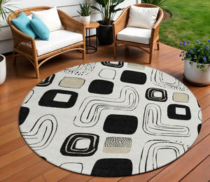 HomeRoots 8' Ivory Black and Beige Round Geometric Area Rug - Modern Washable Design for Indoor/Outdoor Use 616816
