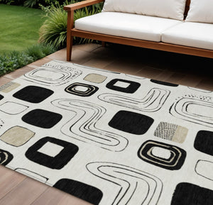 HomeRoots 9' Geometric Washable Indoor-Outdoor Area Rug in Ivory, Black & Beige - Durable, Stylish Comfort! 616818