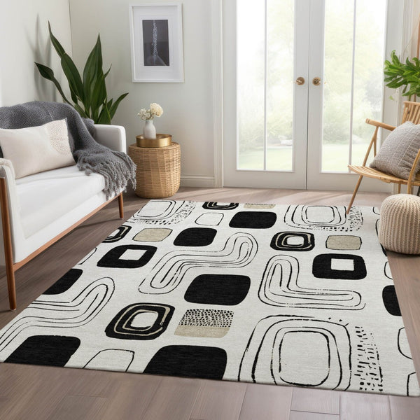 HomeRoots 9' Geometric Washable Indoor-Outdoor Area Rug in Ivory, Black & Beige - Durable, Stylish Comfort! 616818
