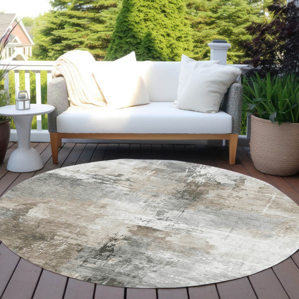 HomeRoots 5' Abstract Ivory Gray and Khaki Washable Area Rug for Indoor Outdoor Use - Durable and Stylish 8' Round 616834