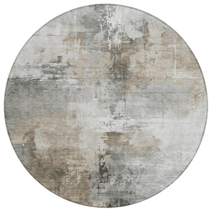 HomeRoots 5' Abstract Ivory Gray and Khaki Washable Area Rug for Indoor Outdoor Use - Durable and Stylish 8' Round 616834
