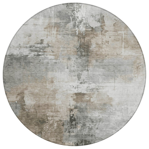 HomeRoots 5' Abstract Ivory Gray and Khaki Washable Area Rug for Indoor Outdoor Use - Durable and Stylish 8' Round 616834