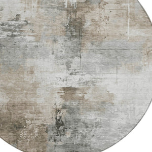 HomeRoots 5' Abstract Ivory Gray and Khaki Washable Area Rug for Indoor Outdoor Use - Durable and Stylish 8' Round 616834