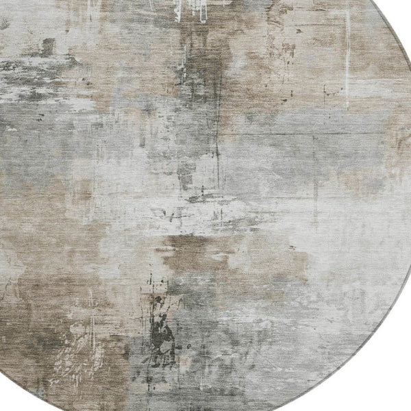 HomeRoots 5' Abstract Ivory Gray and Khaki Washable Area Rug for Indoor Outdoor Use - Durable and Stylish 8' Round 616834