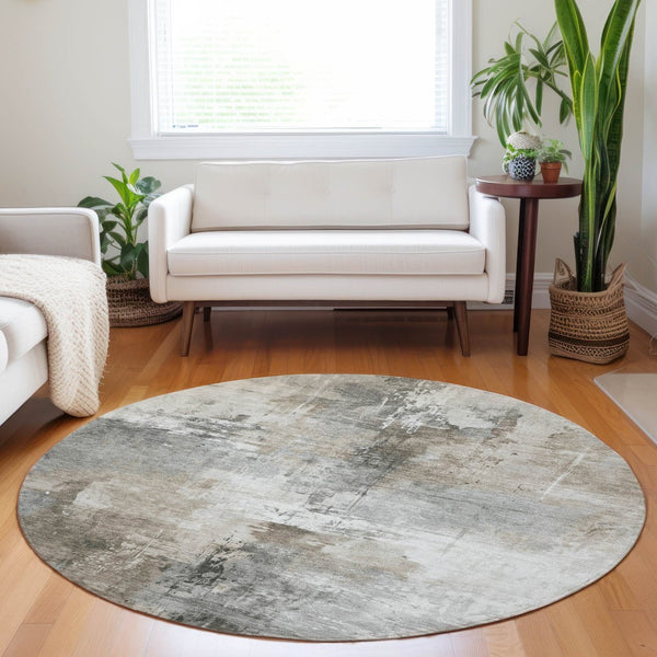 HomeRoots 5' Abstract Ivory Gray and Khaki Washable Area Rug for Indoor Outdoor Use - Durable and Stylish 8' Round 616834