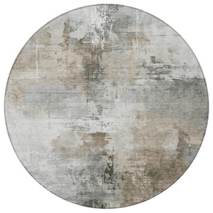 HomeRoots 5' Abstract Ivory Gray and Khaki Washable Area Rug for Indoor Outdoor Use - Durable and Stylish 8' Round 616834