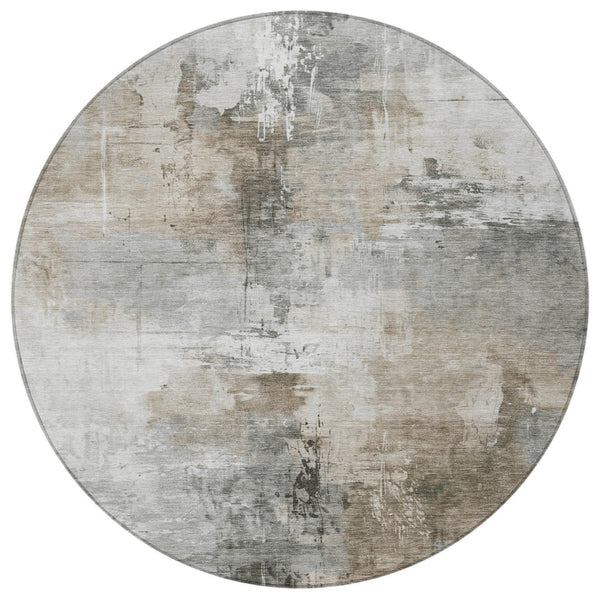 HomeRoots 5' Abstract Ivory Gray and Khaki Washable Area Rug for Indoor Outdoor Use - Durable and Stylish 8' Round 616834