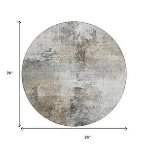 HomeRoots 5' Abstract Ivory Gray and Khaki Washable Area Rug for Indoor Outdoor Use - Durable and Stylish 8' Round 616834
