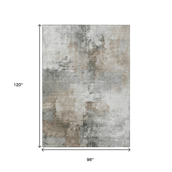 HomeRoots 5' Abstract Ivory Gray and Khaki Washable Area Rug for Indoor Outdoor Use - Durable and Stylish 8' X 10' 616835