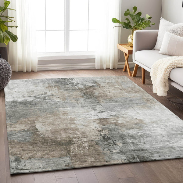 HomeRoots 5' Abstract Ivory Gray and Khaki Washable Area Rug for Indoor Outdoor Use - Durable and Stylish 9' X 12' 616836