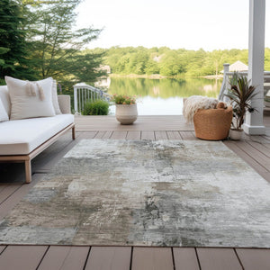 HomeRoots 5' Abstract Ivory Gray and Khaki Washable Area Rug for Indoor Outdoor Use - Durable and Stylish 10' X 14' 616837