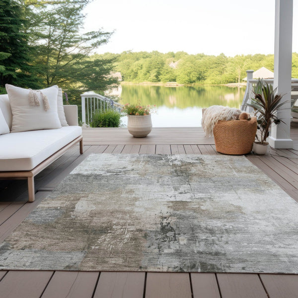 HomeRoots 5' Abstract Ivory Gray and Khaki Washable Area Rug for Indoor Outdoor Use - Durable and Stylish 10' X 14' 616837