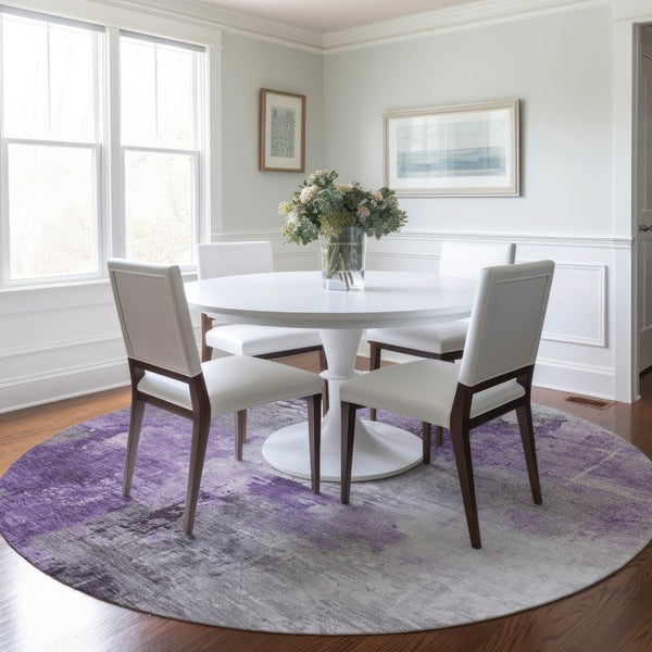 HomeRoots 5' Washable Indoor Outdoor Area Rug in Eggplant Purple and Ivory Abstract Design for Modern Spaces 8' Round 616840