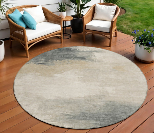 HomeRoots 5' Versatile Abstract Washable Area Rug in Beige, Taupe, and Ivory for Indoor & Outdoor Spaces 8' Round 616846