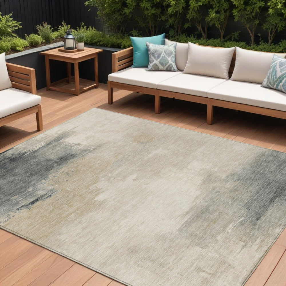 HomeRoots 5' Versatile Abstract Washable Area Rug in Beige, Taupe, and Ivory for Indoor & Outdoor Spaces 10' X 14' 616849