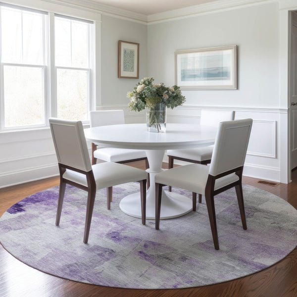 HomeRoots 5' Abstract Lavender Gray and Ivory Indoor Outdoor Area Rug – Durable, Stylish, Machine Washable Design 8' Round 616875