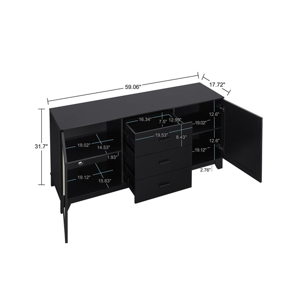 English Elm Sheridan 59" Sideboard in Black - 2 Doors, 3 Drawers, Cable Management, MDF Frame, 55" TV Ready B365P397679