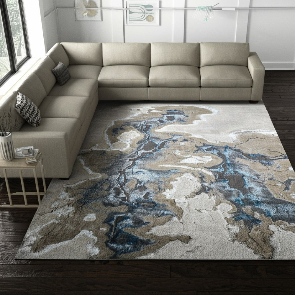 HomeRoots 5' Abstract Taupe and Blue Area Rug - Stylish, Easy-Care Design for Modern Living Spaces and Durability 7' X 10' 616886