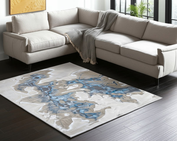 Homeroots 5' X 8' Abstract Area Rug - Stylish, Stain-resistant, Ideal For Homes With Kids And Pets, Bohemian Charm Taupe,Blue Polyester Blend 616887