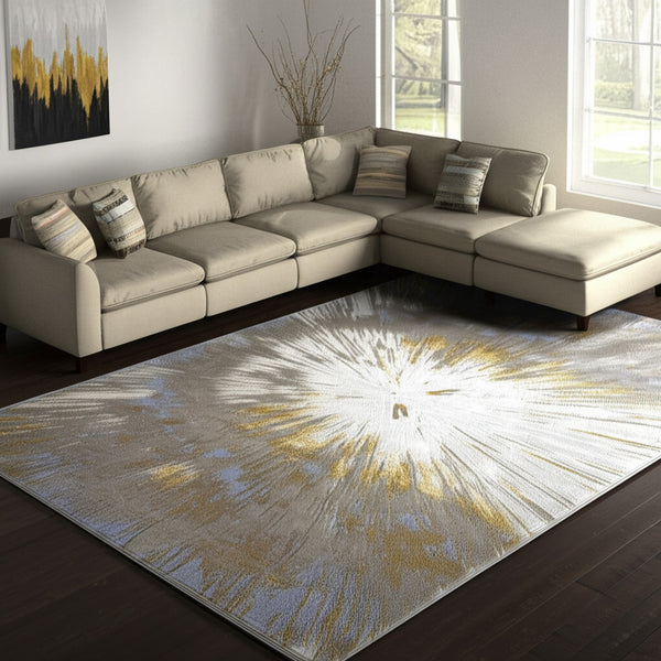 Homeroots 5' X 8' Abstract Area Rug - Stylish, Stain-resistant Design For Kids And Pets, Perfect Home Accent Gold,Silver Polyester Blend 616890