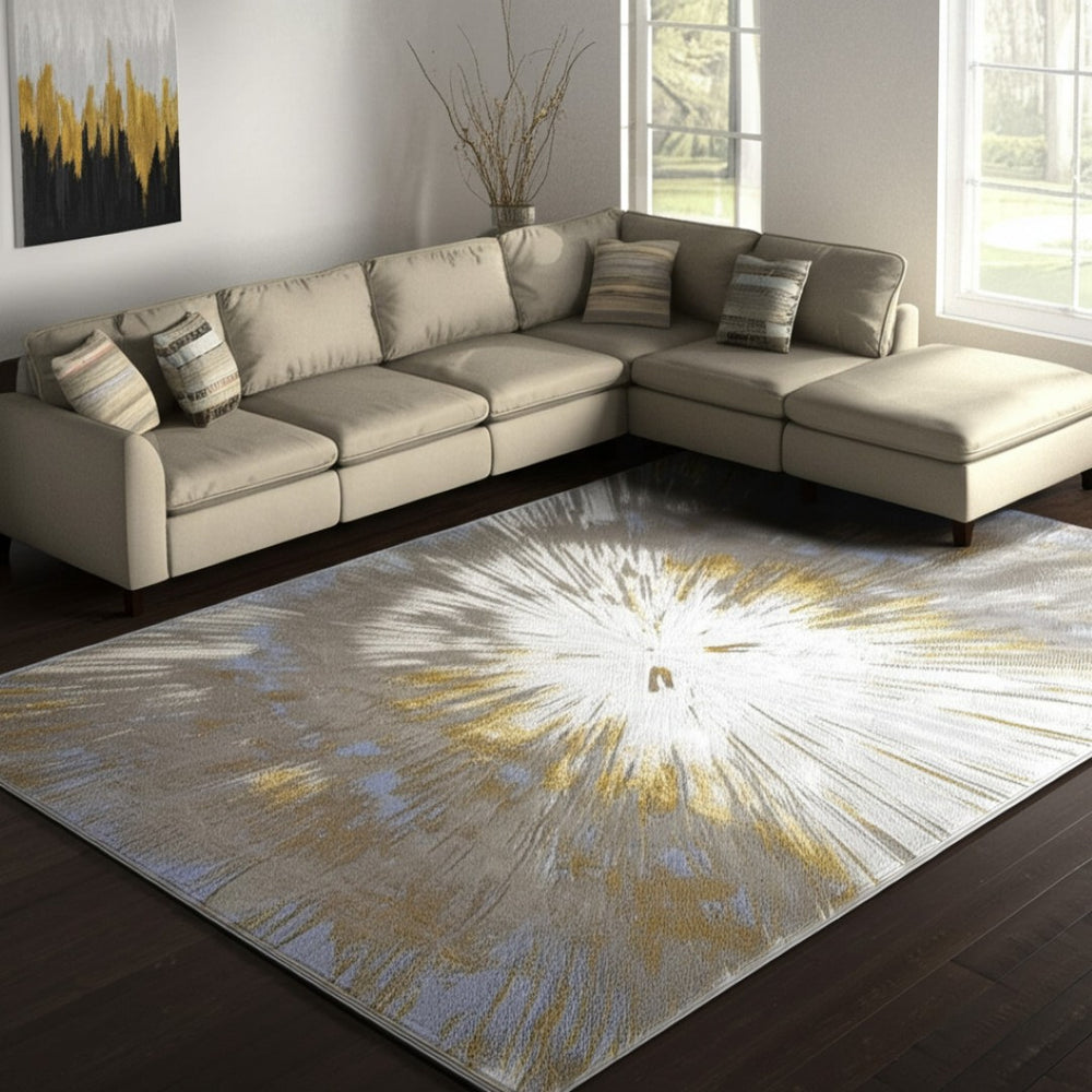 HomeRoots 5' Gold and Silver Abstract Area Rug - Modern Bohemian Design, Stain-Resistant, Durable for Homes 8' X 10' 616891