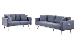 English Elm Elio Mid-century Linen Sofa and Loveseat Set with Usb Port Storage Pockets Dark Gray B2749S00016